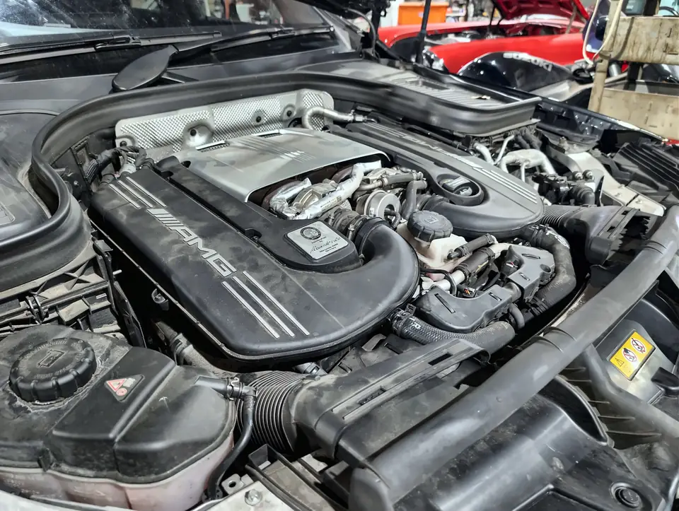 Mercedes-AMG V8 engine bay during a service