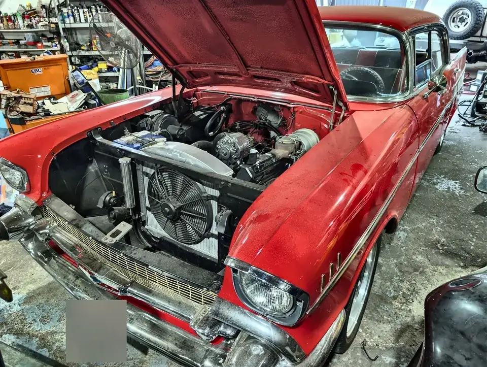 Classic Chevrolet engine bay in the workshop