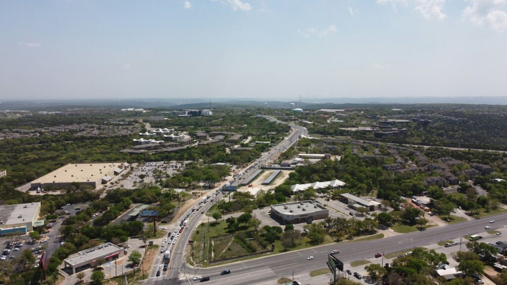 Aerial view of suburban roads and houses