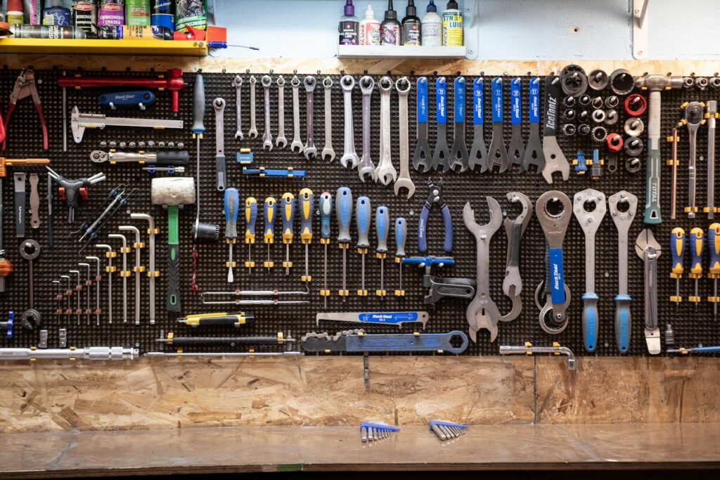 Wall of spanners and hand tools
